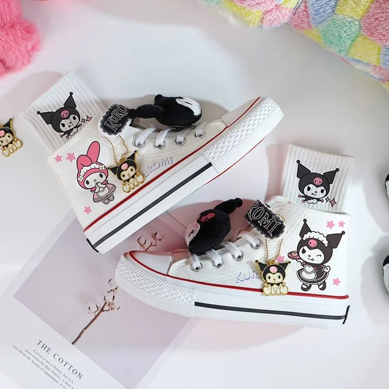 Kawaii Kuromi 4 Pieces Set Canvas Shoes Sanrio Little Devil Cartoon High Top Shoes Student Sports Casual Shoes Boys Girls Gift