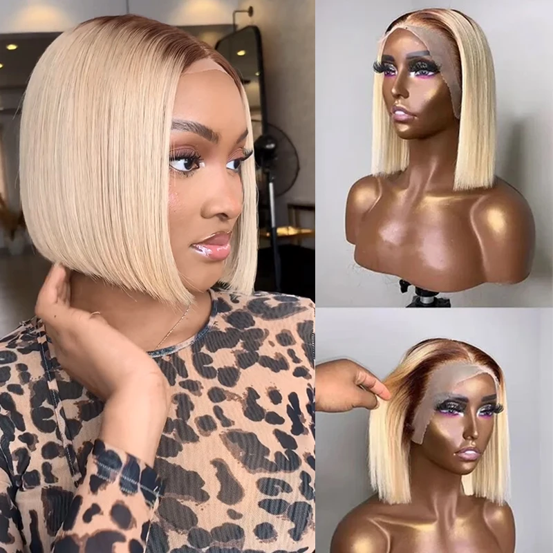 

Ombre Blonde Bob Human Hair WIgs Colored Virgin Brazilian 13x4 Lace Frontal Wig For Women Glueless 150% Density