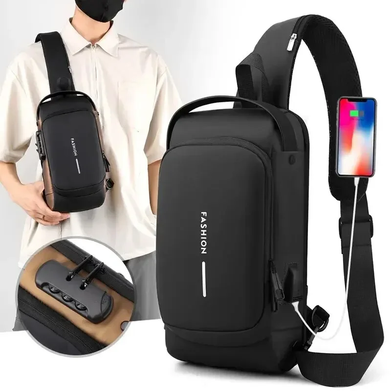 

Men Multi-Functional Crossbody Bag Password Lock Motorcycle Waterproof USB Charging Port Anti-Theft Chest Bag Casual Travel