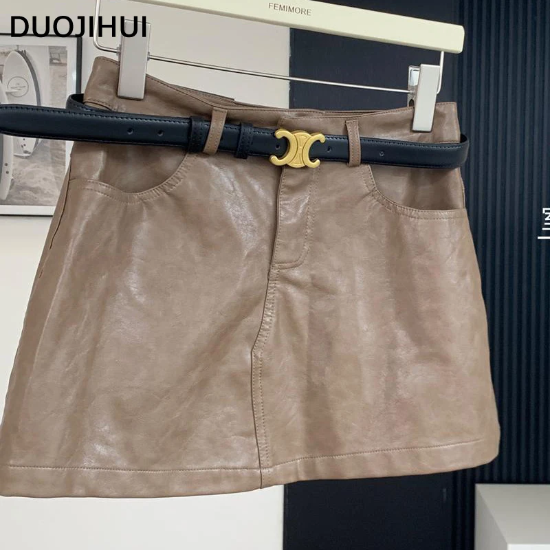 DUOJIHUI Brown American Chic Belt High Waist Slim Female Skirts Autumn New Basic A-line Fashion Zipper Pocket Simple Women Skirt