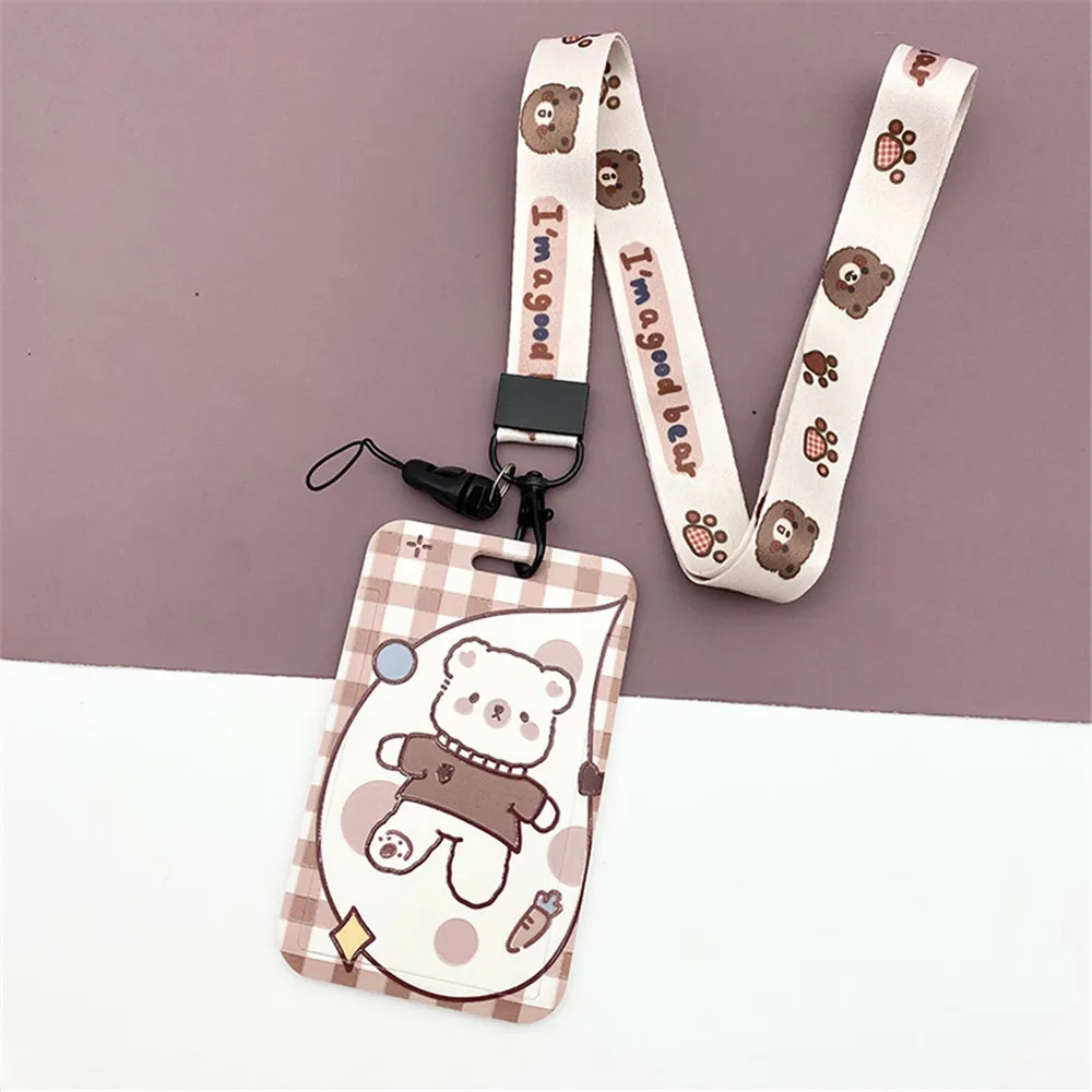 New  Cartoon Bear Cards Cover Bank ID Credit Card Holder Students Bus Card Case Lanyard Removable Identity Badge Cards Cover