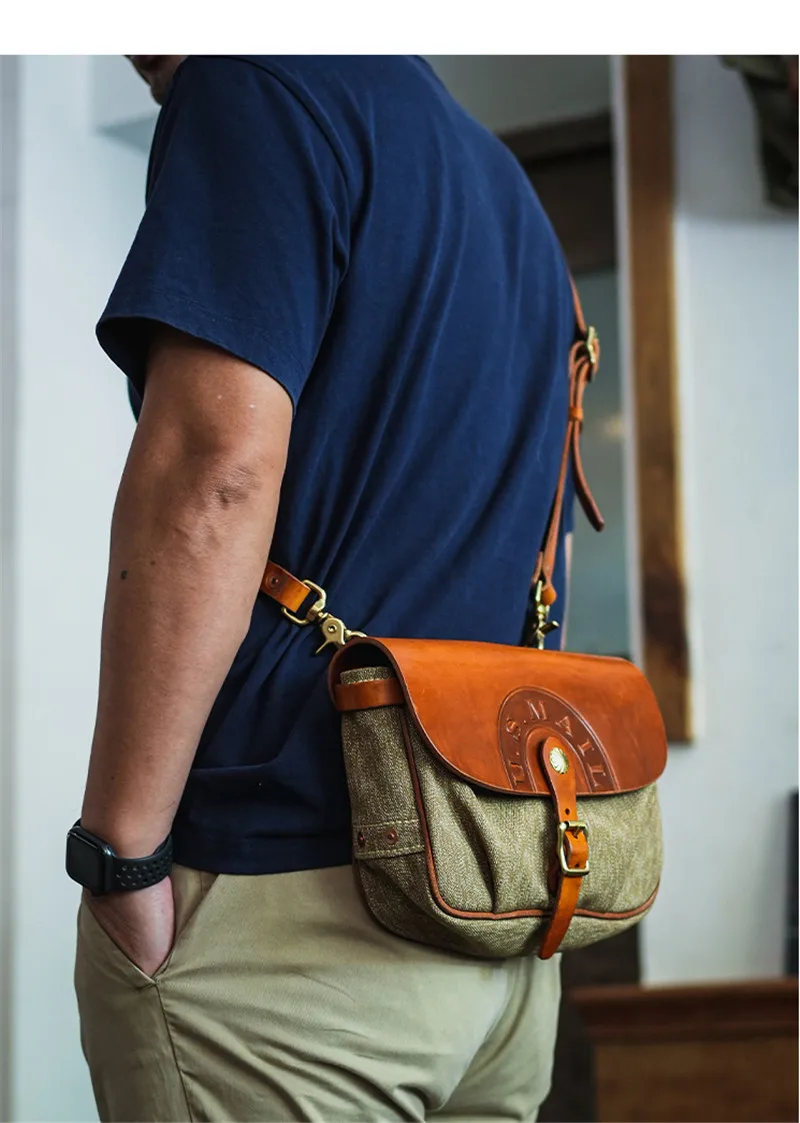 Mode vintage hohe qualität leinwand echtem leder männer umhängetasche lässig designer luxury real rind schulter crossbody-tasche – Detail 4