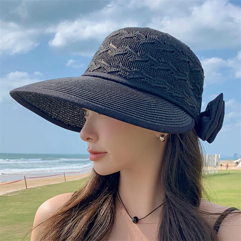 Women Ponytail Straw Sun Hat Wide Brim Visor Summer Adjustable Cap Sun Beach Foldable Hats 2
