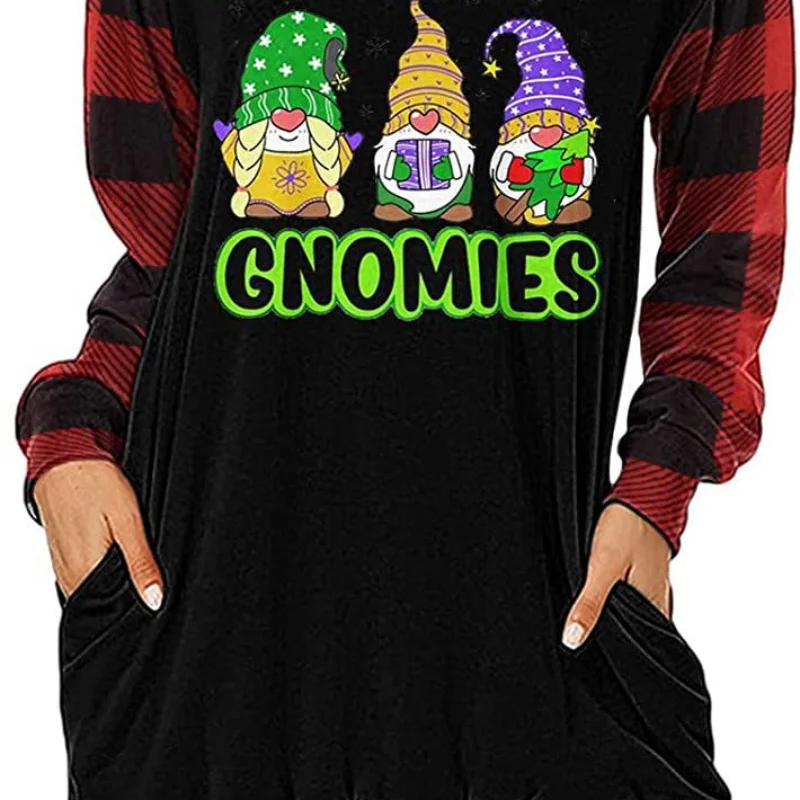 Women Autumn and Winter Fashion New Hooded Pullover Contrast Printing Pockets Splicing Christmas Long-sleeved Sweatshirt