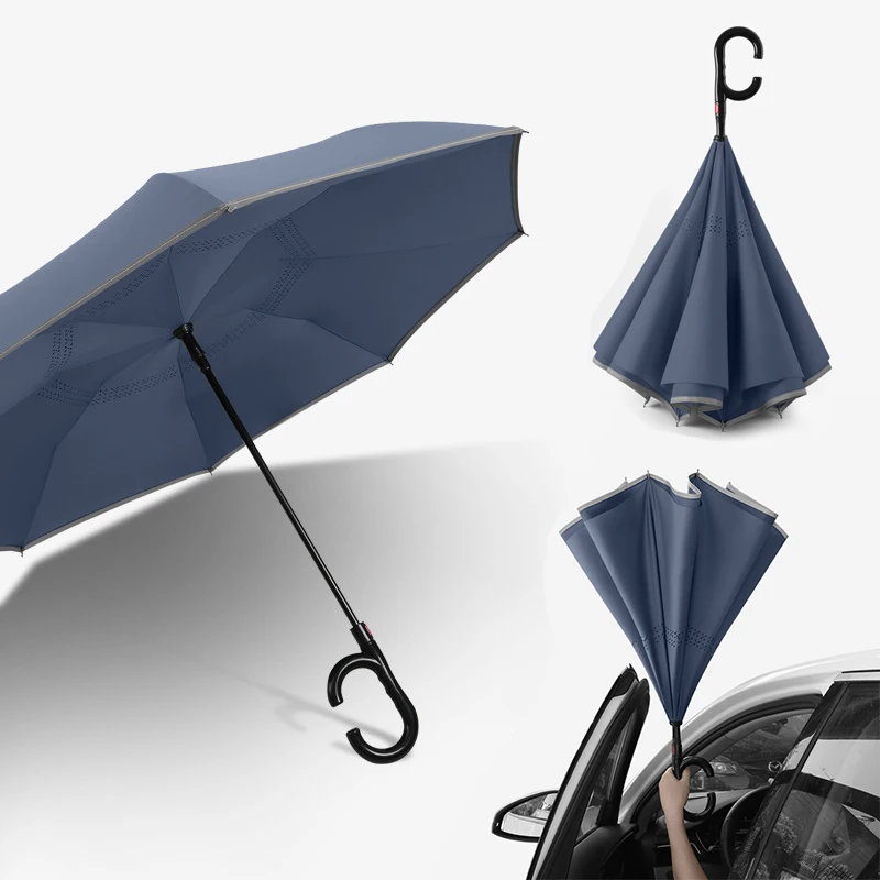Automatic Umbrella Creative Car-mounted Long-handled Reverse C-handle Windproof Double-layer Inverted Folding automatic umbrella,wind resistant umbrella,windproof umbrella,reverse folding umbrella