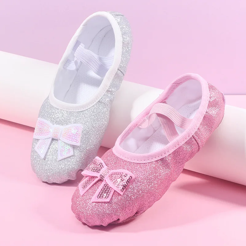 Shiny Pink Blue Bowknot Ballet Shoes for Girls Kids Shoes for Girl Geritide Dance Flat Dancing Shoe with Sequins Girls dance shoes