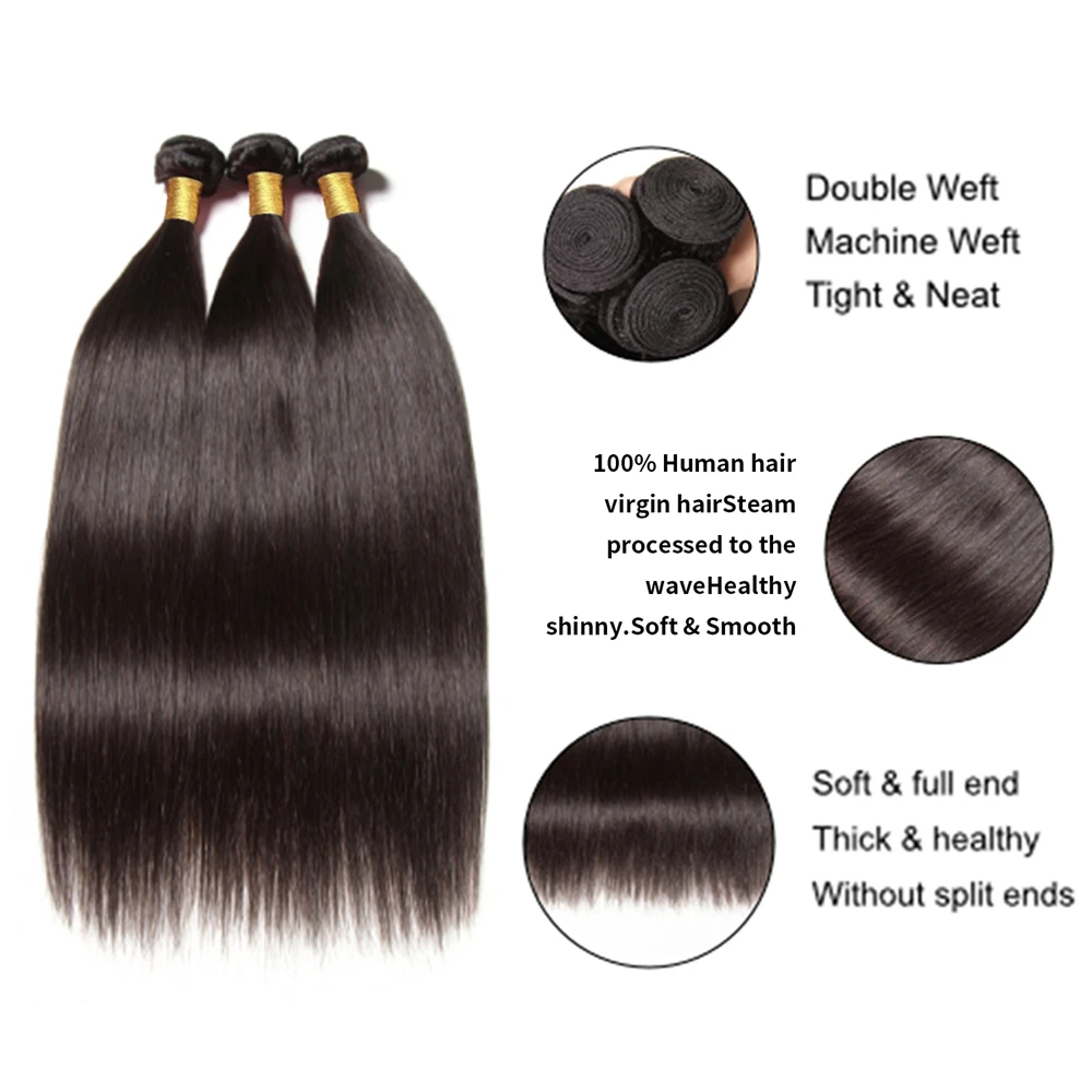 14-32 inch Straight Human Hair Bundles With 13x4 Lace Frontal Brazilian Raw Human Hair Double Weft Bundles With Lace Frontal
