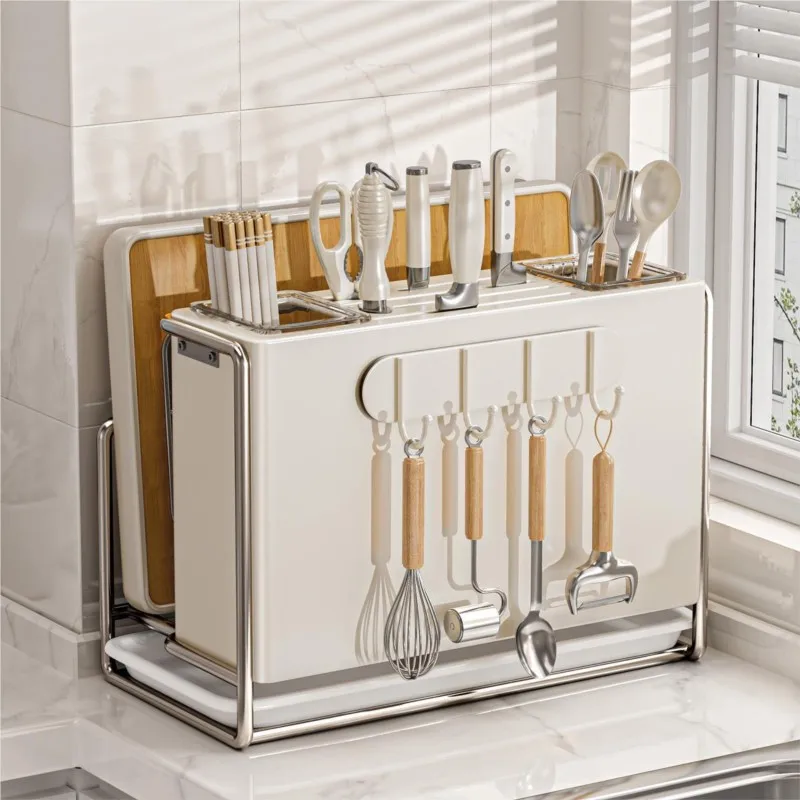 Cream Wind Knife Holder Chopstick Holder Multifunctional Kitchen Cutting Board Shelf Countertop Storage