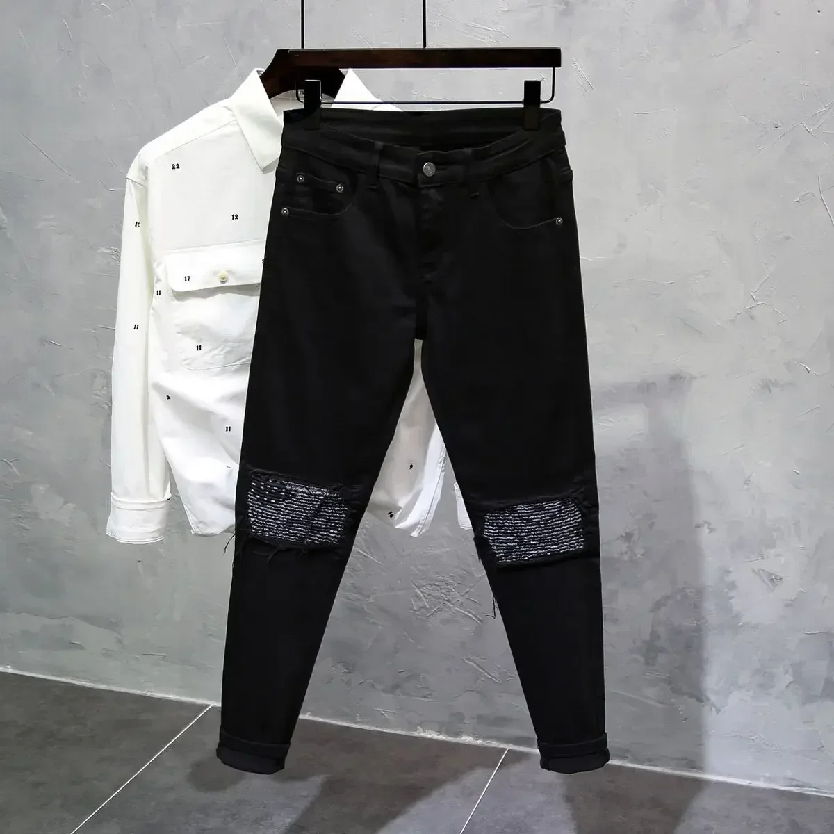 Pantalones vaqueros rotos y desgastados para hombre, ajustados, rotos, vaqueros para hombre, ajustados, negros, con agujeros, ajustados, de diseñador, de algodón