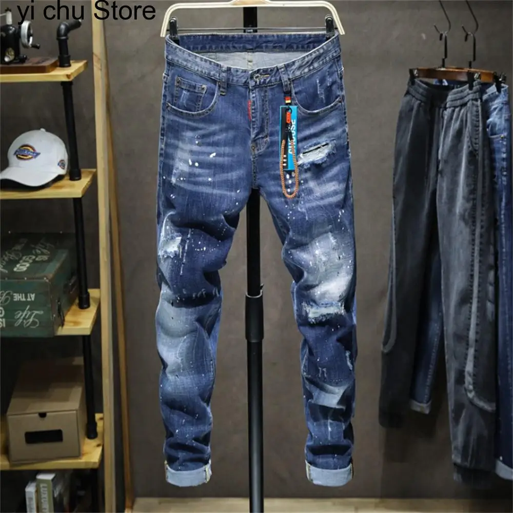 

New Men's Ripped Jeans Leather Brand Pendant Decorated Pants Inkjet White Dot Painted Letters Slim Cotton Red Ears Soft