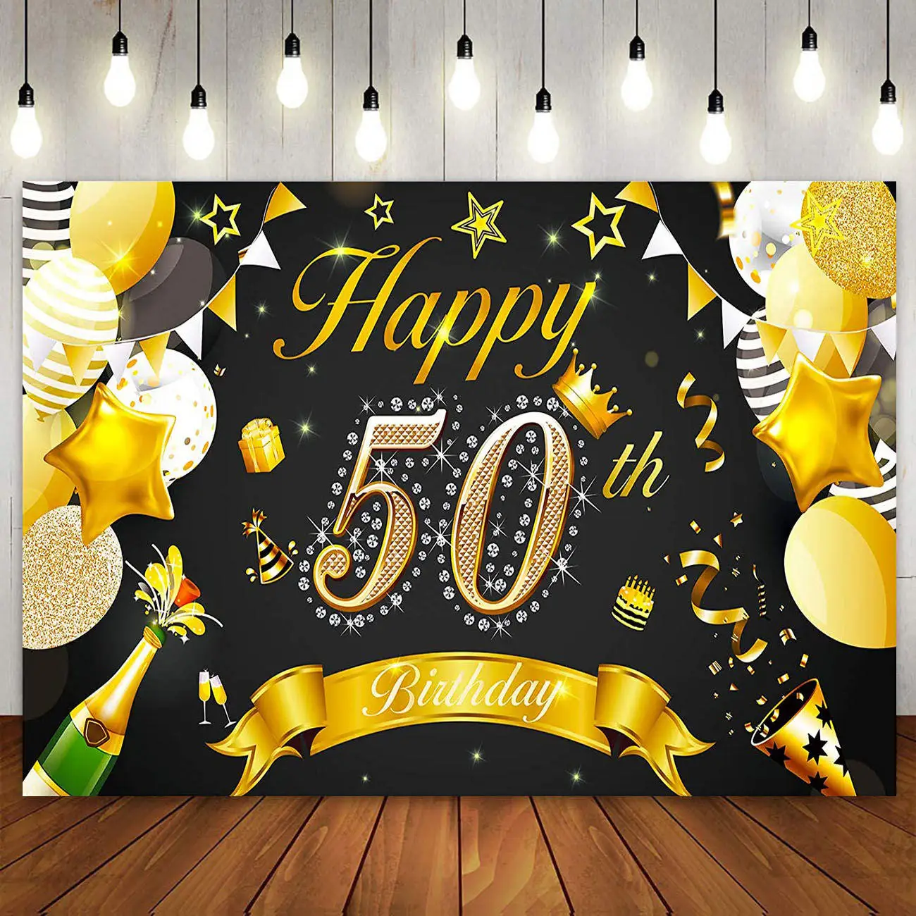 Happy 50Th Birthday Party Decoration Fondale Cake Banner Poster Fifty 50 Anni Black Gold Photography Background For Women