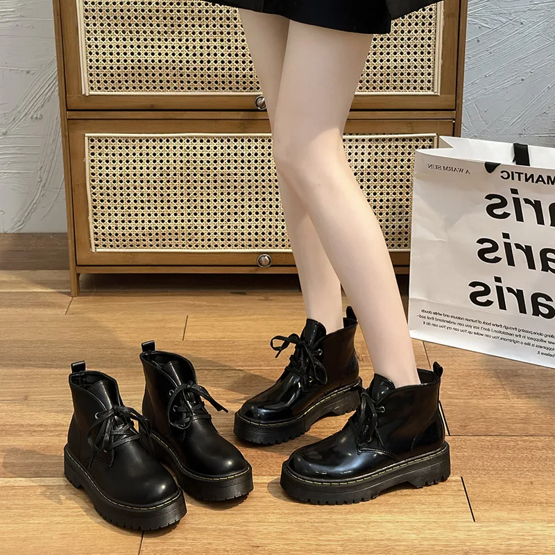 

Женские ботильоны на шнуровке, белые ботинки с круглым носком, из низкой кожи, на резиновой подошве, Осень-зима 2023