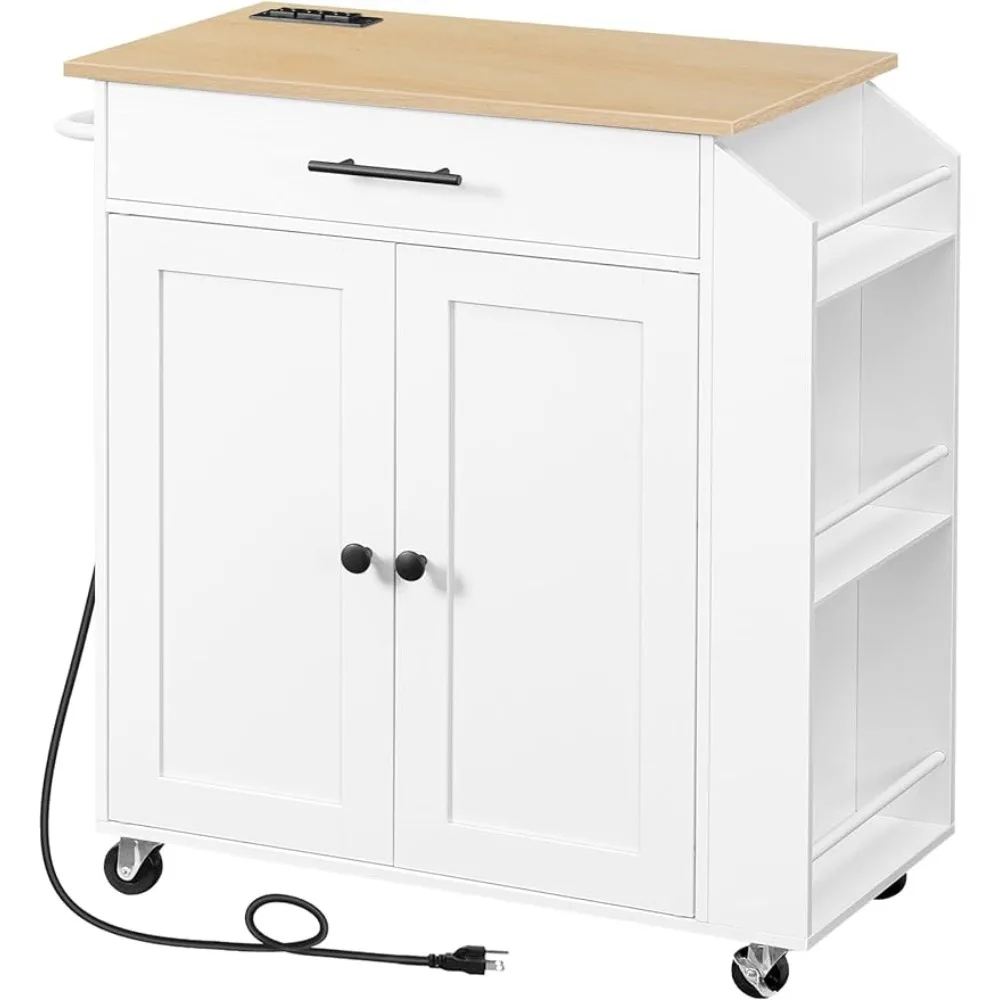 

HOOBRO Rolling Kitchen Cart on Wheels, Kitchen Island with Power Outlet, Kitchen Storage Island with Spice Rack and Drawer