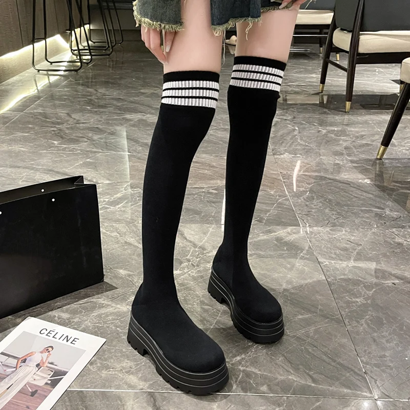 

Stretch Knitted Slim Sock Boots Women Chunky Platform Over The Knee Boots Woman Autumn Winter Slip-On Thick Bottom Long Booties