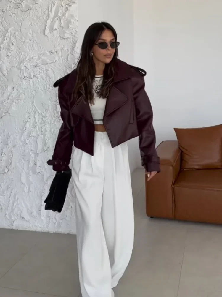 Women's Red Pu Leather Burgundy Solid Lapel Cropped Jacket Female Pockets Long Sleeves Short Coat 2024 Lady Autumn Streetwear 3