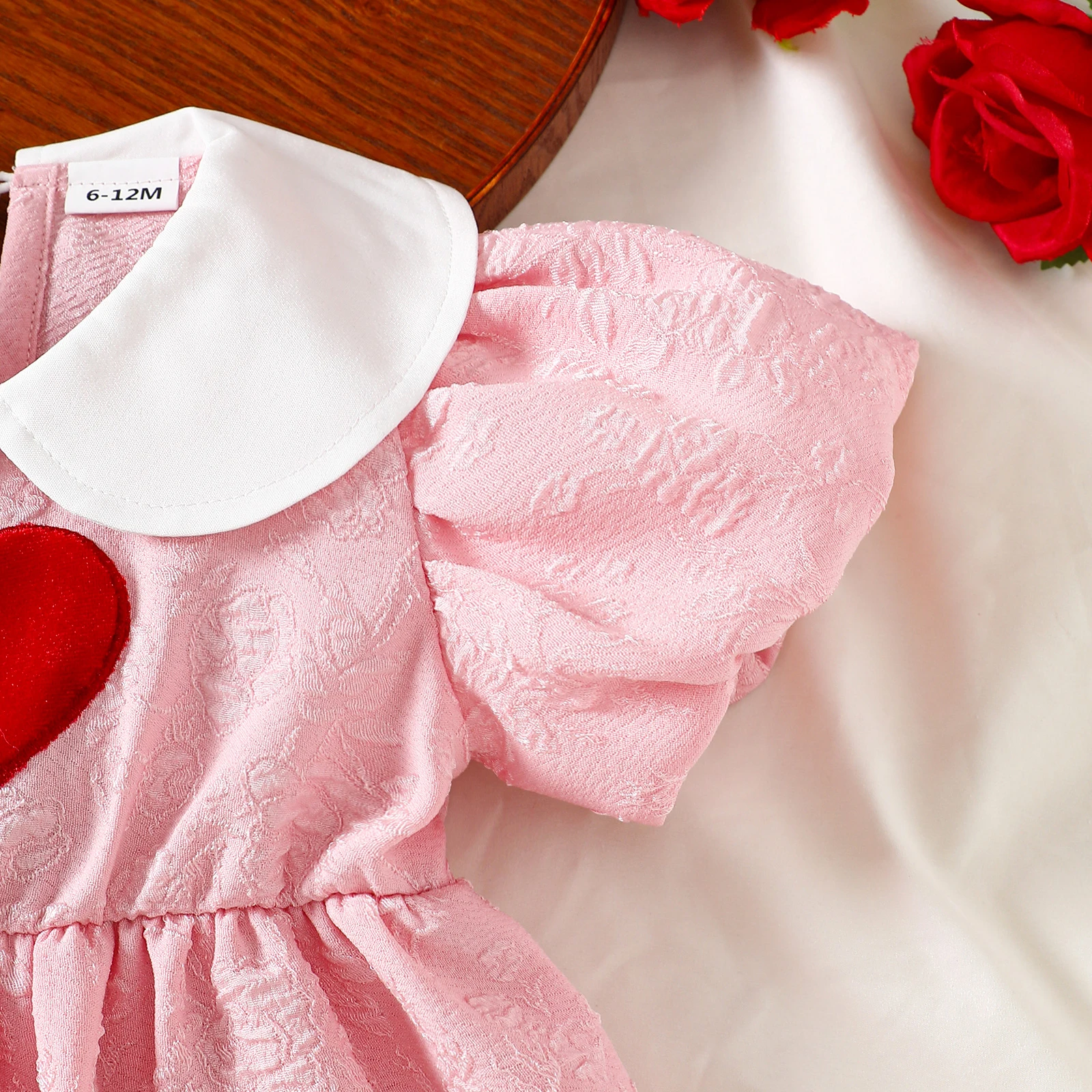 Summer Kids Toddler Girl A Line Dress Short Puff Sleeve Doll Collar Heart Embroidery Dress Clothes 6