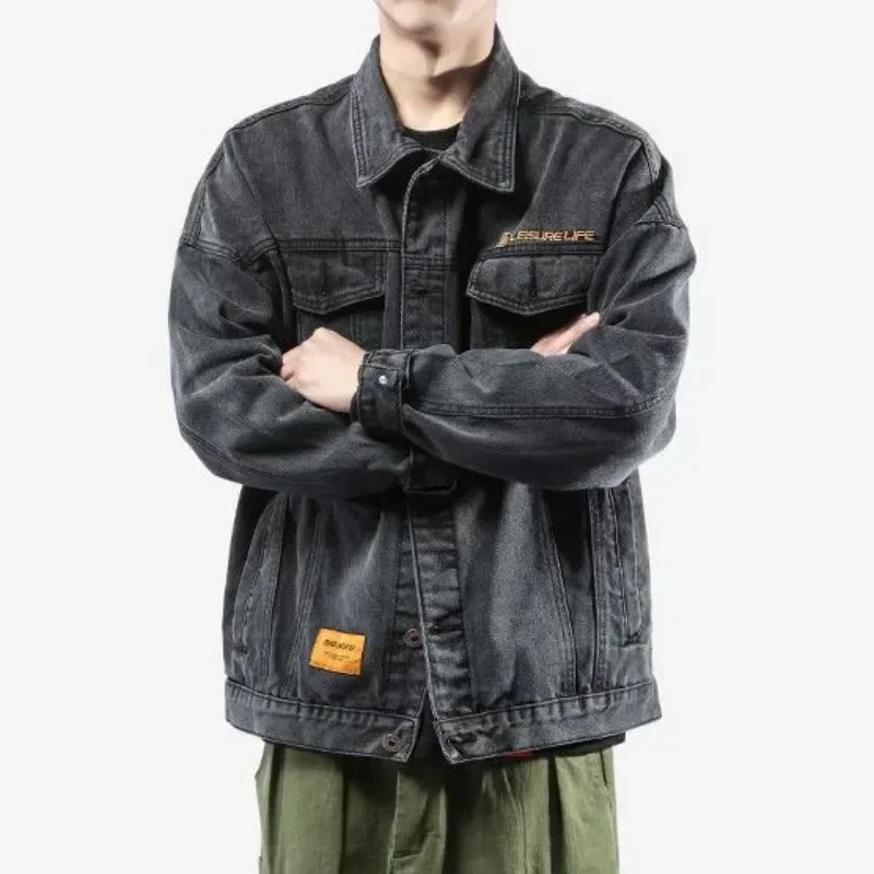 Blue With Embroidery Button Autumn Men's Denim Jacket Gray