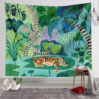 Tapisserie murale suspendue avec animaux, roi, forêt, tigre, plante de palmier tropicale, fleur, bohème, décoration de la maison, tapis de Yoga, couverture 1