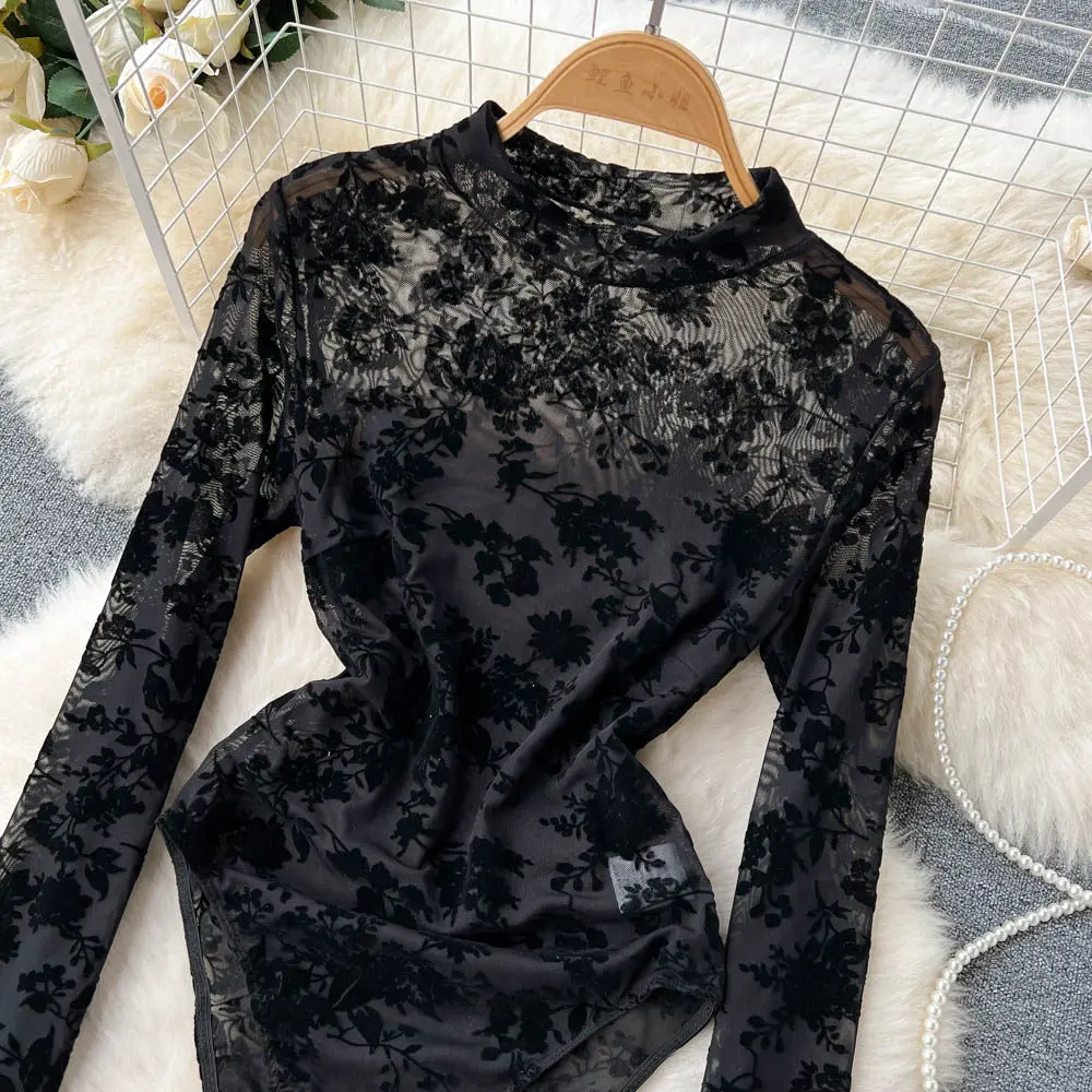 embroidered floral mesh detail close-up