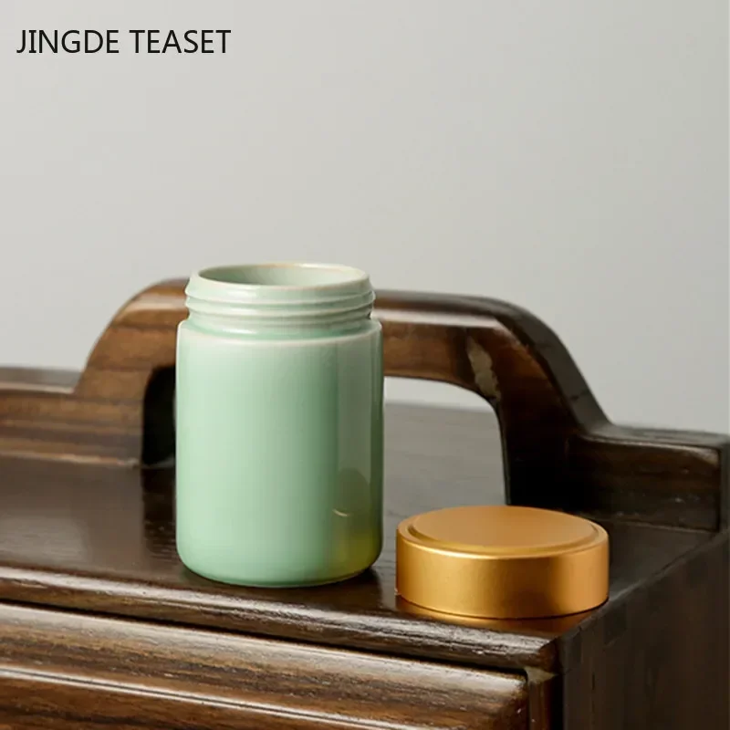 Tea Tin Box Tea Canister Airtight Container Creative Celadon Small Tea Caddy Portable Sealed Storage Tank Travel Tea Boxes Ceramic Coffee Canister Kitchen Spice Candy Jar