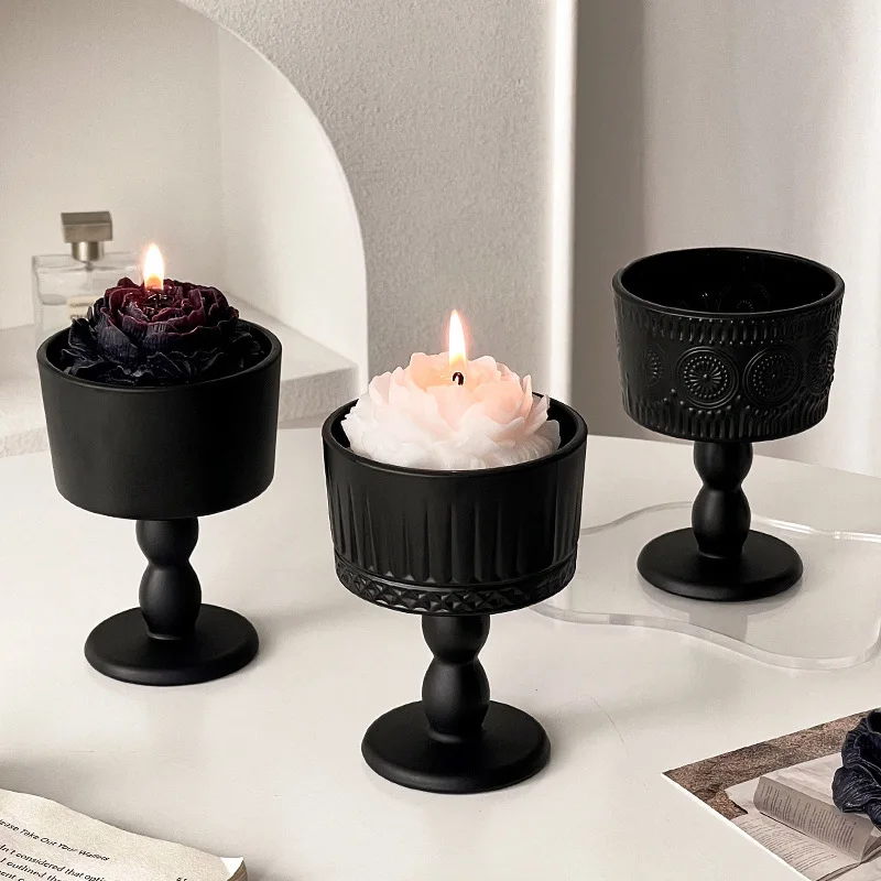 Elegant French Retro Black Frosted Glass Candle Holder - High-End Aromatherapy Decorative Ornament