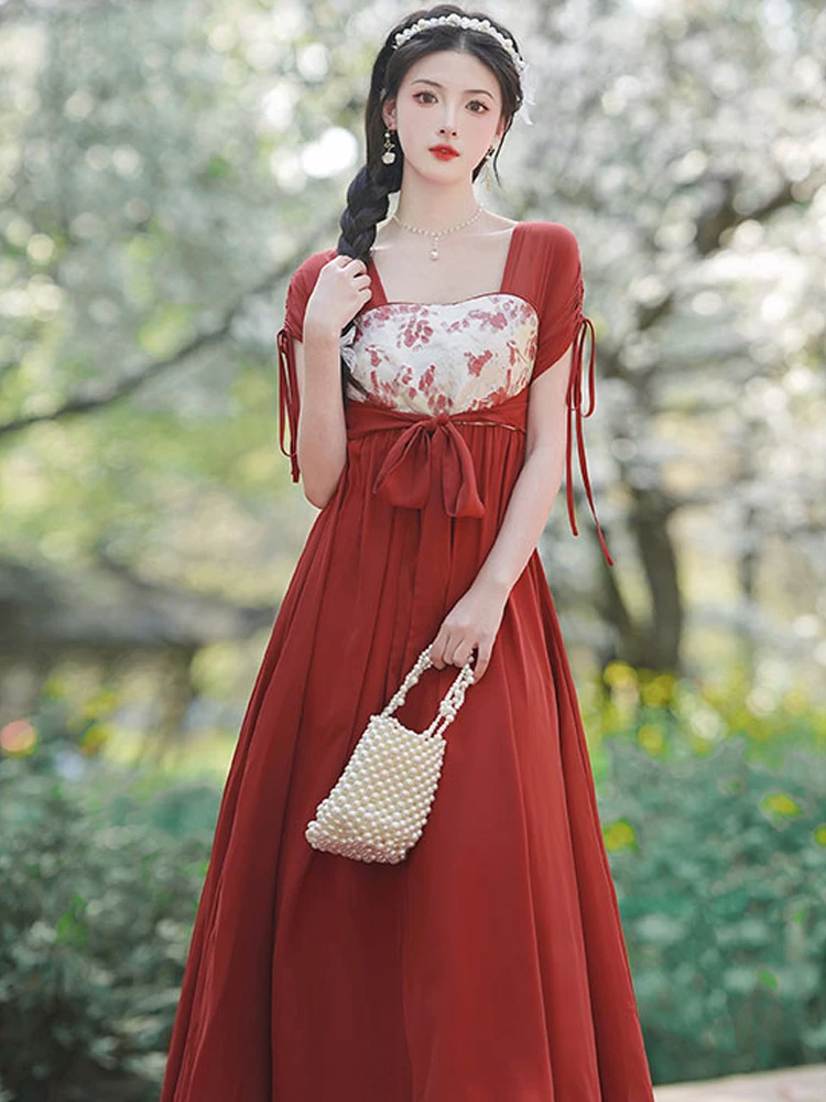 

Женское приталенное платье с поясом, Красное длинное платье с винтажным принтом, квадратным вырезом и открытой спиной, лето