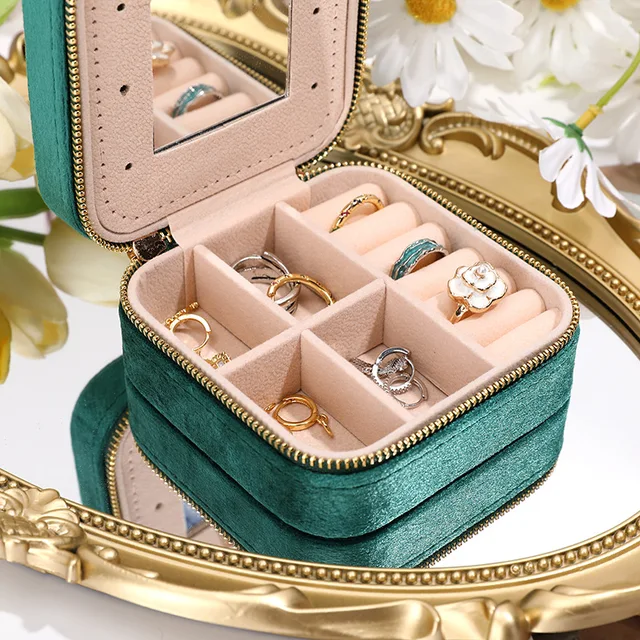 Velvet Jewelry Box For Women Geometric Sqaure Jewelry Storage Case Necklace Ring Earrings Travel Portable Zipper Boxes 5