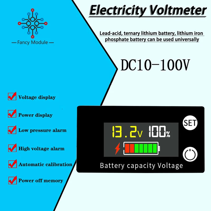 

DC 8V-100V Voltmeter 12V 24V 48V 72V Battery Capacity Indicator Lead Acid Lithium LiFePO4 Alarm Voltage Gauge for Car Motorcycle
