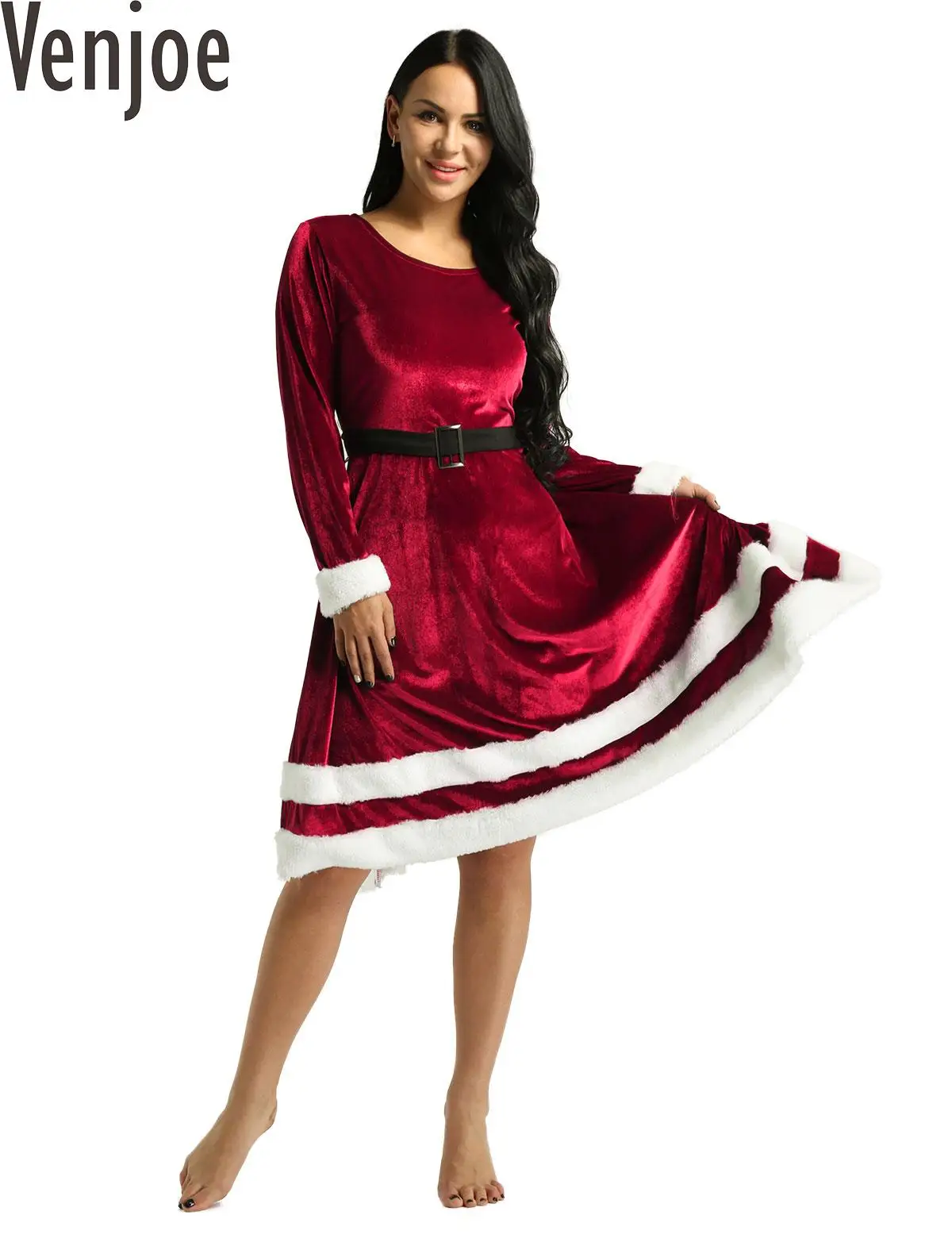 

Womens Ladies Christmas Mrs Santa Claus Costume Xmas Party Fancy Dress Velvet Scoop Neck Long Sleeve New Year Dresses Outfit