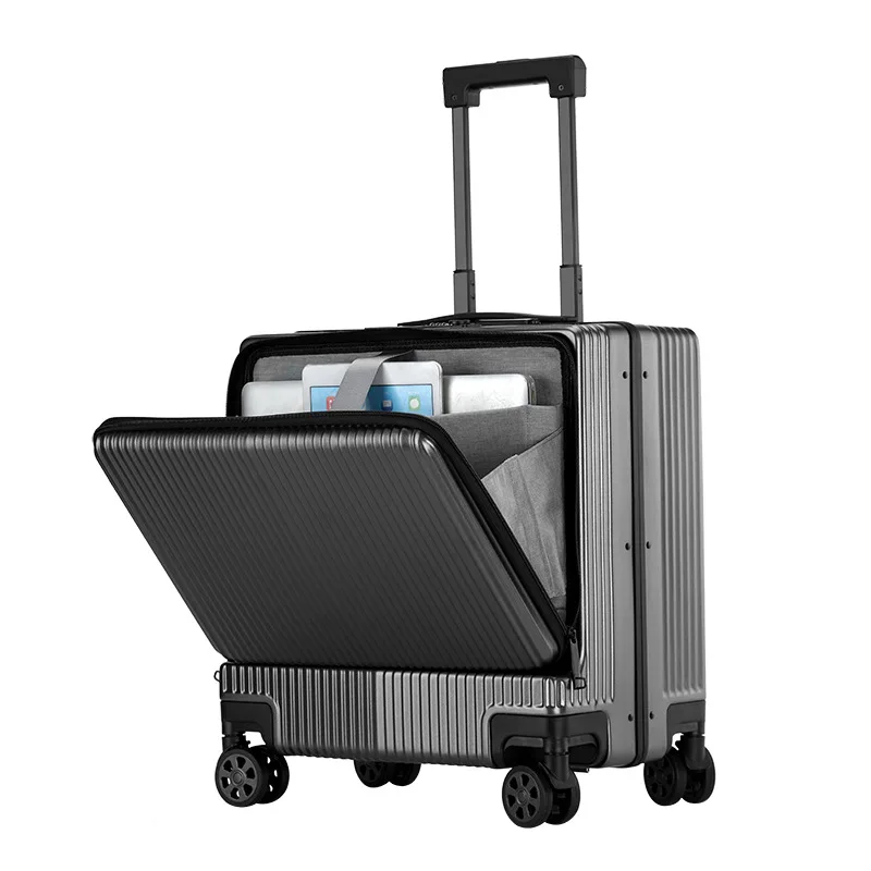 Business side open suitcase 18-inch boarding case front open trolley case multi-function suitcase password Laptop luggage