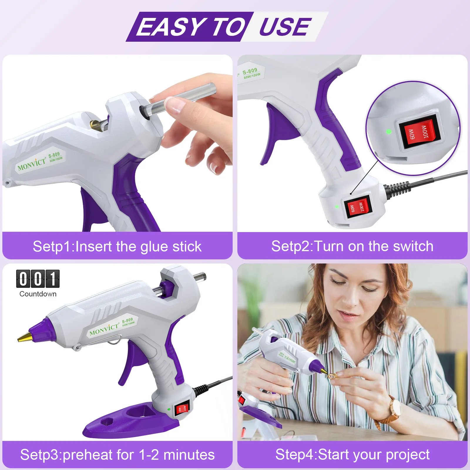 60/100W Hot Glue Gun Full Size Dual Power Glue Gun Base Stand Kit with 15 Pcs 11x150 mm Sticks and 3 Finger Protectors