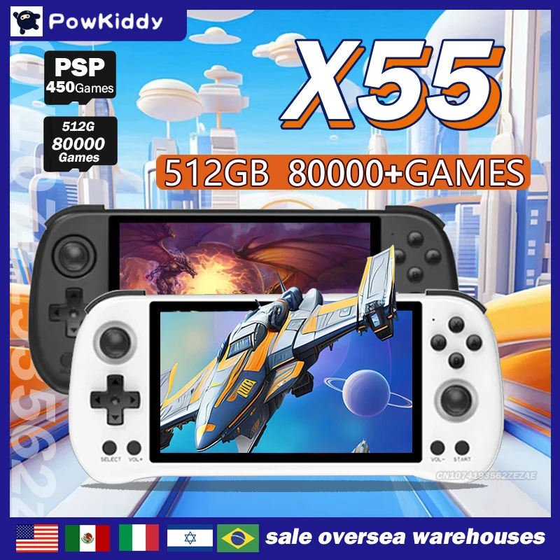 Powkiddy X55 Retro Console 5.5 Pollici 1280*720 Schermo Ips Rk3566 Console Di Gioco Portatile Regali Open-Source 512G 80000 Giochi