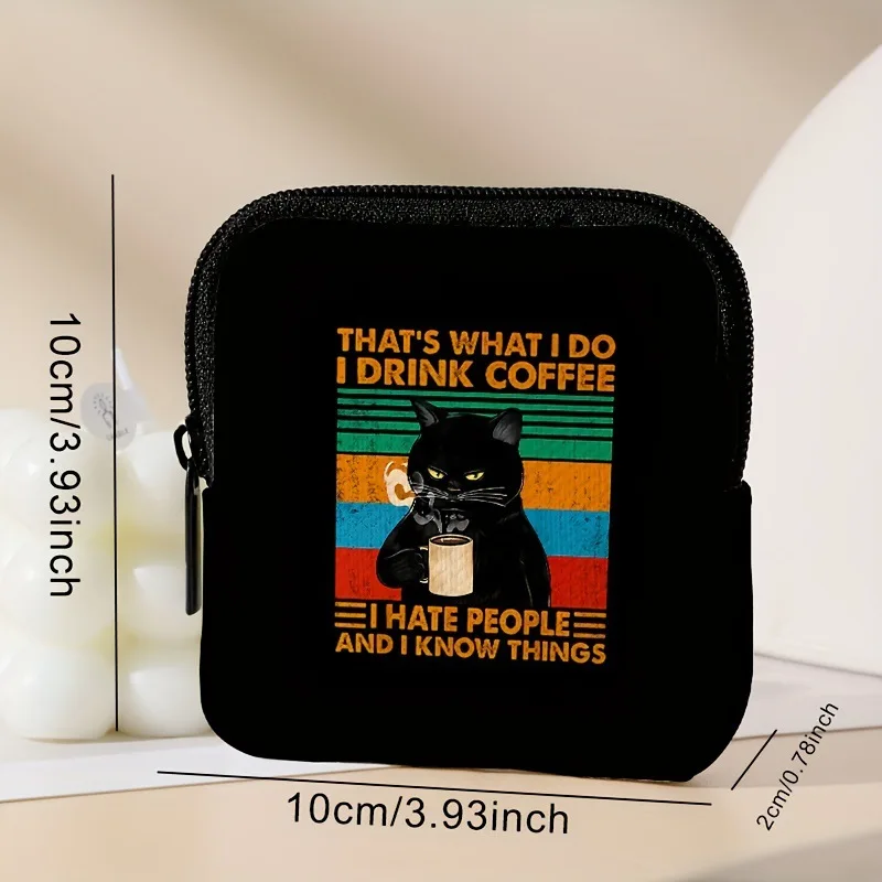 Black Cat Printed on Black Base Zero Wallet Artificial Leather Zippered Multifunctional Mini Earphone Storage Bag