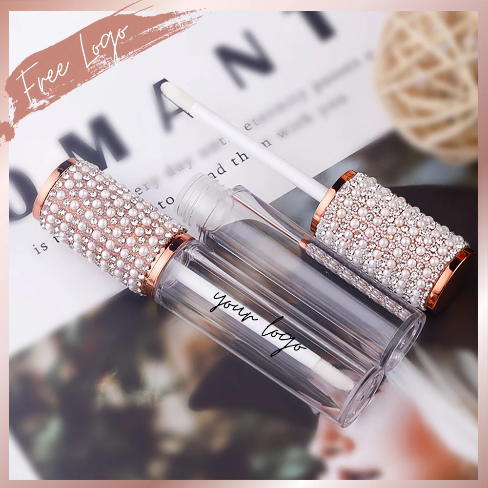 Luxury Rhinestones Pearl Lip Gloss Round Wand Tube Empty Bottles Makeup Container Lipstick 5ml