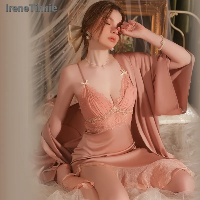 

Пикантная Пижама IRENE TINNIE, женская пижама с глубоким V-образным вырезом, летнее кружевное нижнее белье с открытой спиной для женщин, прозрачное блестящее платье, Халат