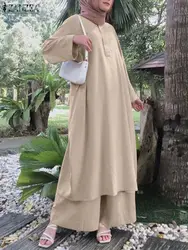 ZANZEA Islamic Clothing Turkey Matching Sets Muslim Abaya Suit Women Long Blouse & Pant Sets Dubai Kaftan Middle Eastern Outfits