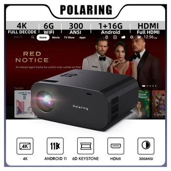 Polaring P7 Pro 1G + 16G 1080P 안드로이드 4K 프로젝터, 듀얼 6G 와이파이 BT 300Ansi 시네마 홈 키스톤 프로젝터
