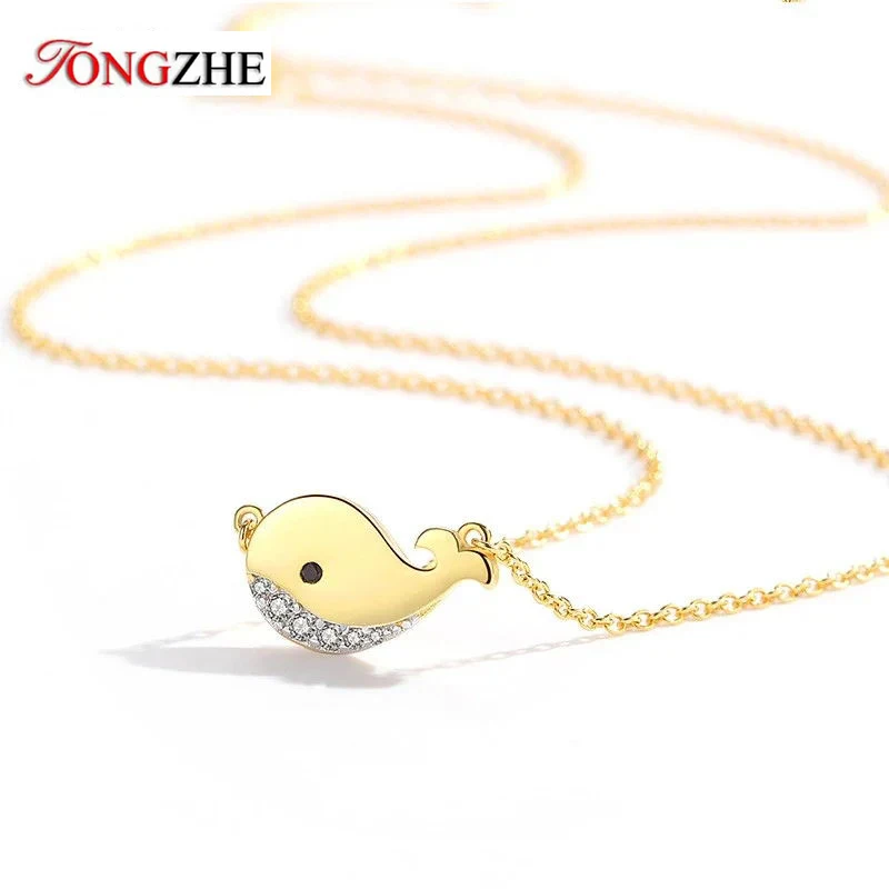 TONGZHE Necklace Fish Choker for Women Original 925 Sterling Silver Yellow Gold Chain Long Necklace Girls Jewelry Gifts