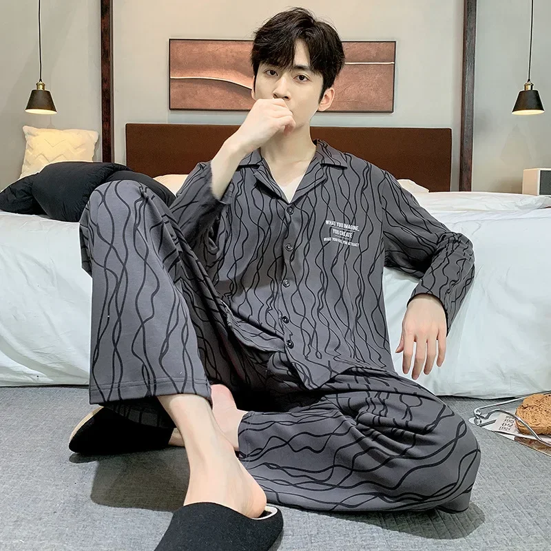 Men's Pajamas Cardigan V-neck Set Simple and Loose  Men's Home Clothes Can Be Worn Externally in Autumn and Winter