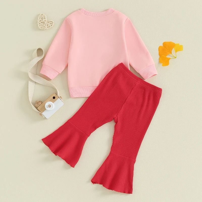 

Toddler Baby Girls Valentines Day Outfit Cute Letters Long Sleeve Sweatshirt Top Sweet Heart Print Flared Pants Set