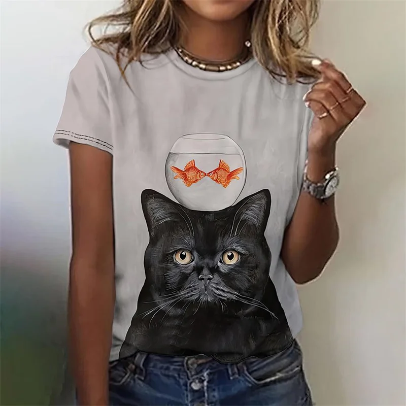 Funny Cat Pattern T-Shirt For Women Cute Pet Animal 3D Printed T Shirts Summer Fashion Tees Short Sleeves O-Neck Tops Streetwear 2