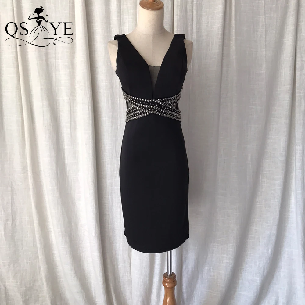 

Черное короткое платье-футляр для выпускного вечера, эластичное вечернее платье с глубоким V-образным вырезом для вечеринки, вечернее платье для девушек, шикарное женское платье с перекрестной талией и бусинами