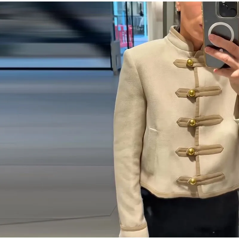 Beige abgeschnittene kurze Jacke für Damen, modisch, Stehkragen, Knebelverschluss, volle Ärmel, Mantel, 2023, Herbst, weibliche Pendel-Oberbekleidung – Detail 12