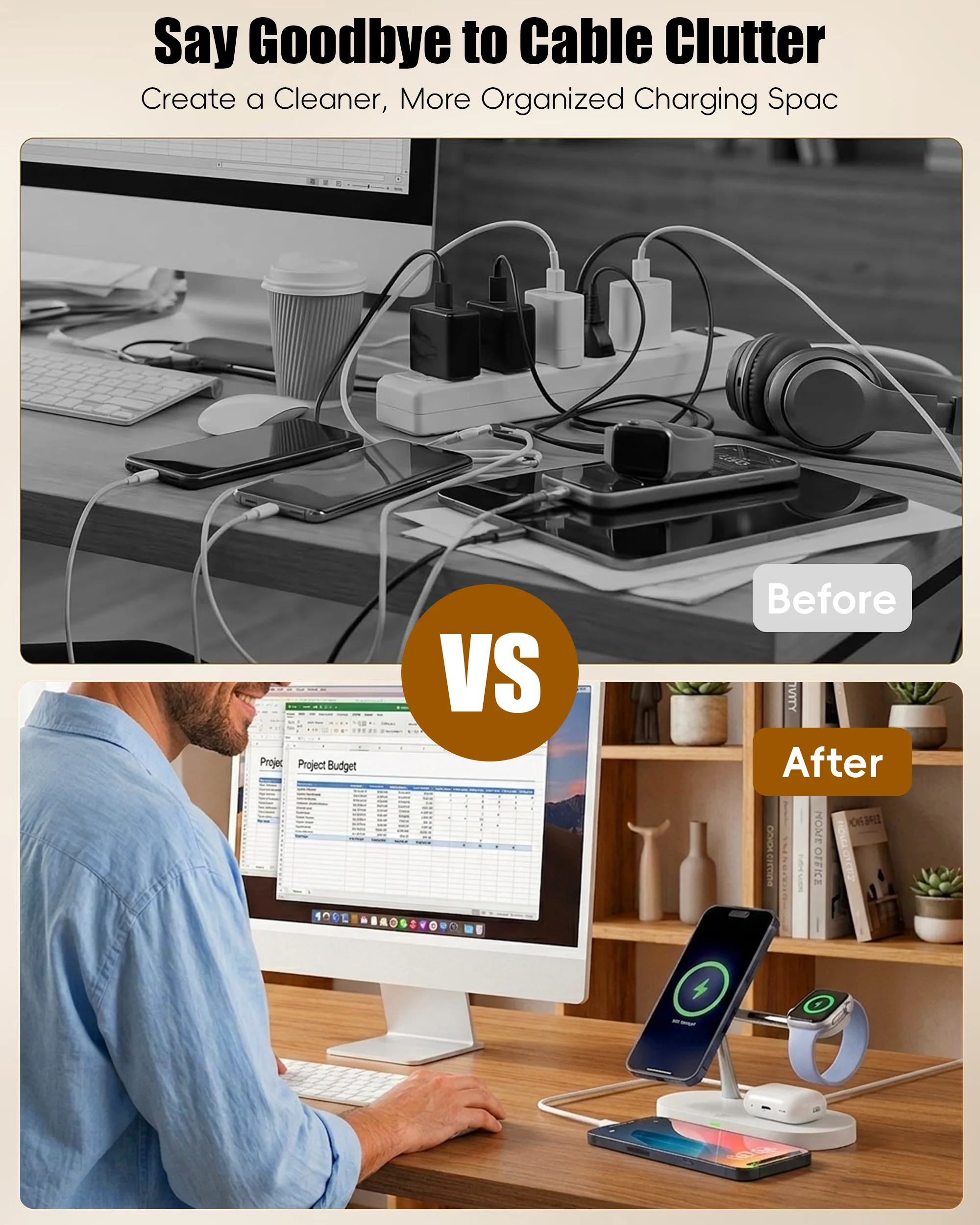 Magnetic Wireless Charger Pad Stand Foldable for iPhone 18-12 Series Apple Watch AirPods 15W Fast Charging Dock Station Light