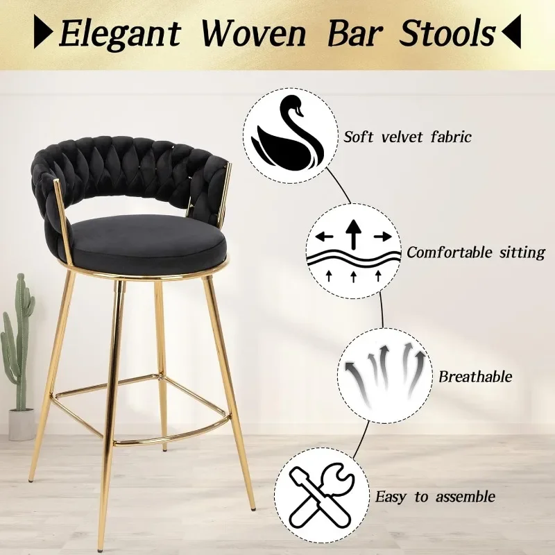 Modern Bar Stools Set of 2, Velvet Counter Stools, Bar Chairs with 29 Inches Height Comfy Seat, Handmade Woven Back Armrest