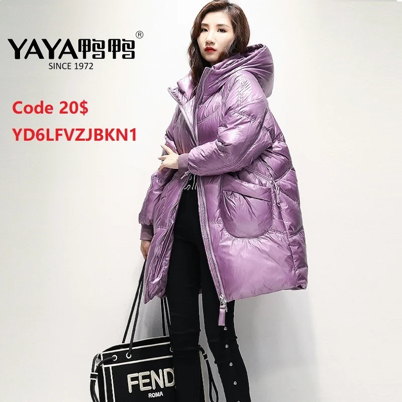 

YAYA 2023 Women Puffy Down Jacket With Hood Loose Style Winter Medium-Length Pure Color Warm Coat Padded Parkas