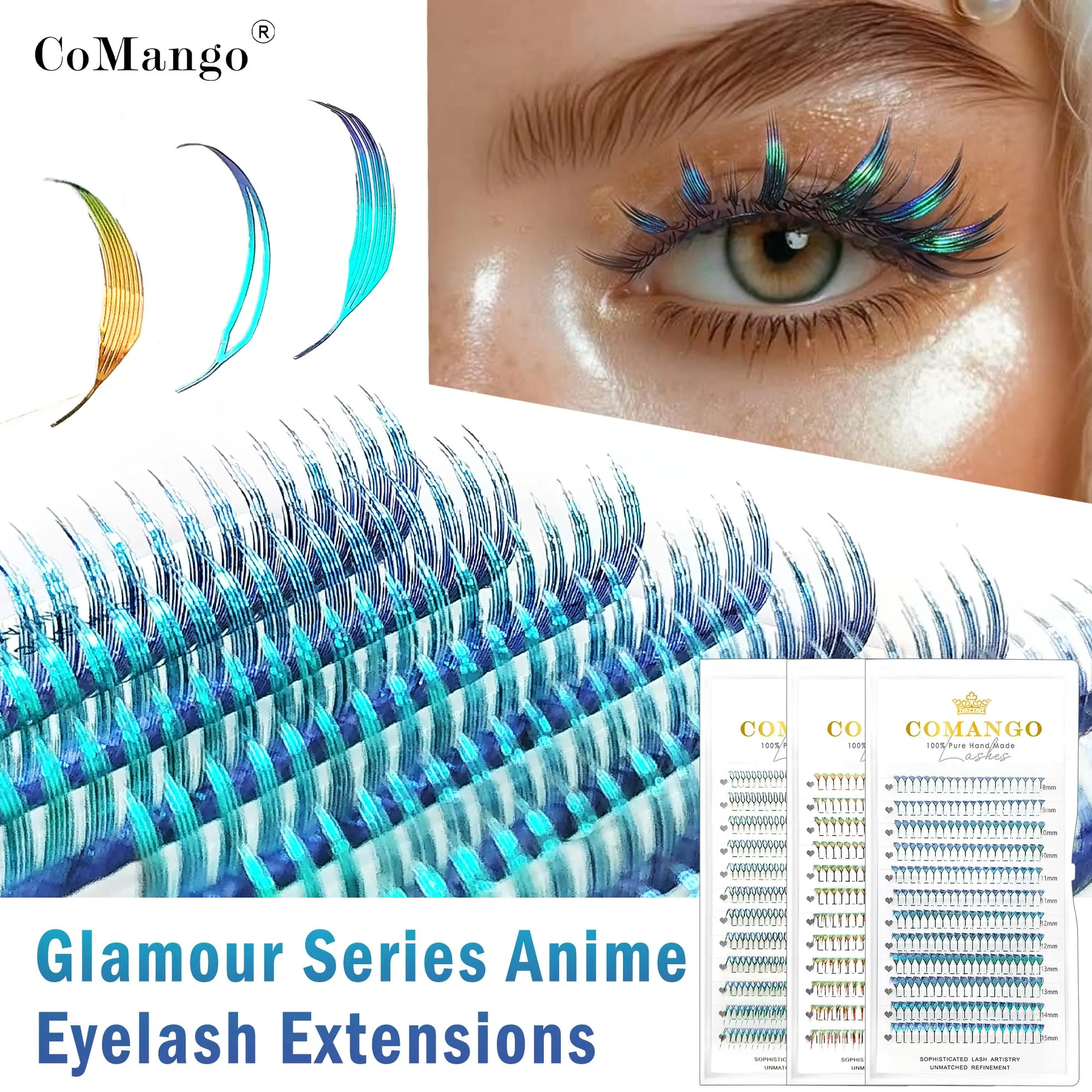 CoMango Glamouröse Comic-Spire-Wimpernverlängerungen Hochwertige doppelseitige bunte falsche Wimpern 0,07 mm Mix 8–15 mm Wimpern