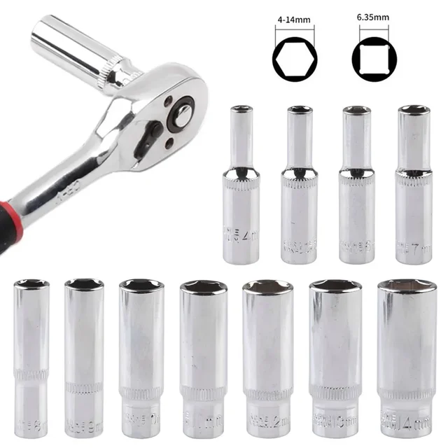 1pc 4-14mm Socket Set Deep Socket Adapter Chrome Vanadium Steel Socket 1/4 Hex Drive Impact Drivers Socket Wrenches Hand Tools 2