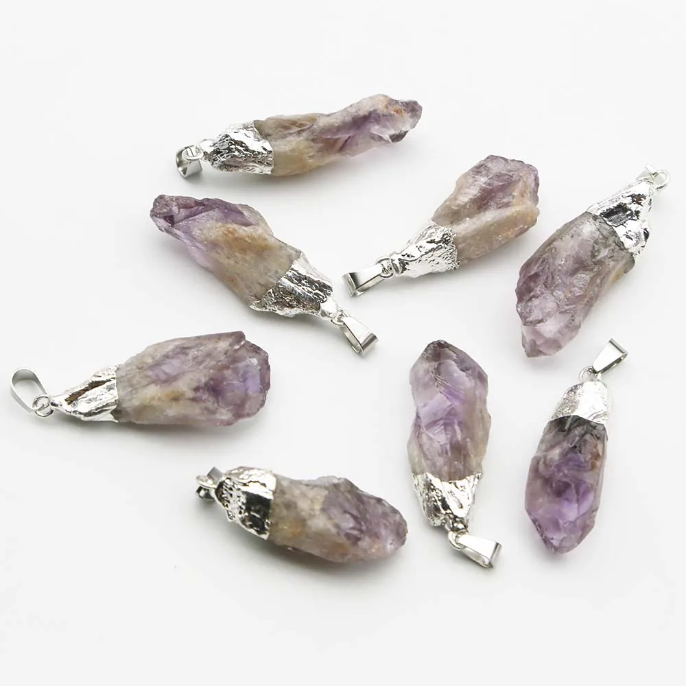Natural Raw Ore Amethyst Silver Plated Irregular Pendant Necklace Healing Charms Fashion Jewelry Accessories Gift Wholesale 8Pcs