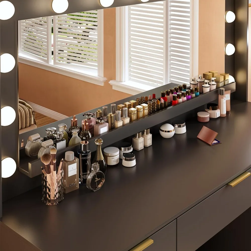 Vanity Desk with Large Mirror and Lights, 45.3in Makeup Vanity with Power Outlet 9 Drawers & Storage, 3 Lighting Color Adjustabl
